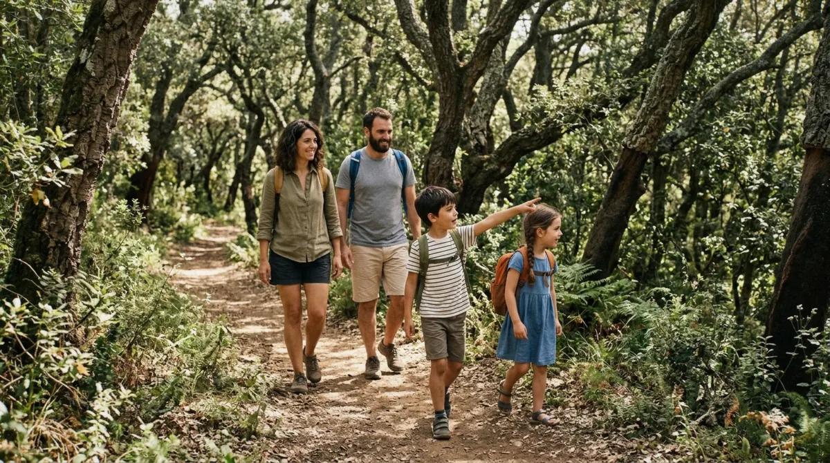 A child walking a shaded woodland path beside a parent during hiking in Sardinia with kids near Porto Conte natural park