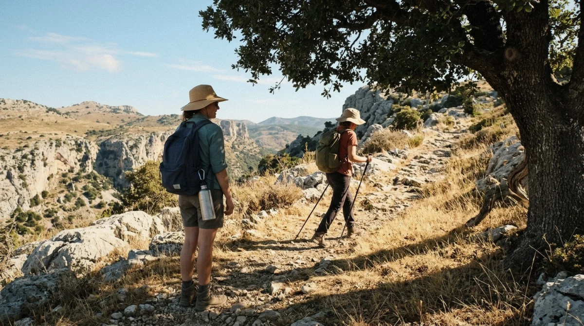 A hiker setting off at first light on a dusty limestone trail during hiking in Sardinia in summer, long shadows across the Supramonte before the heat builds