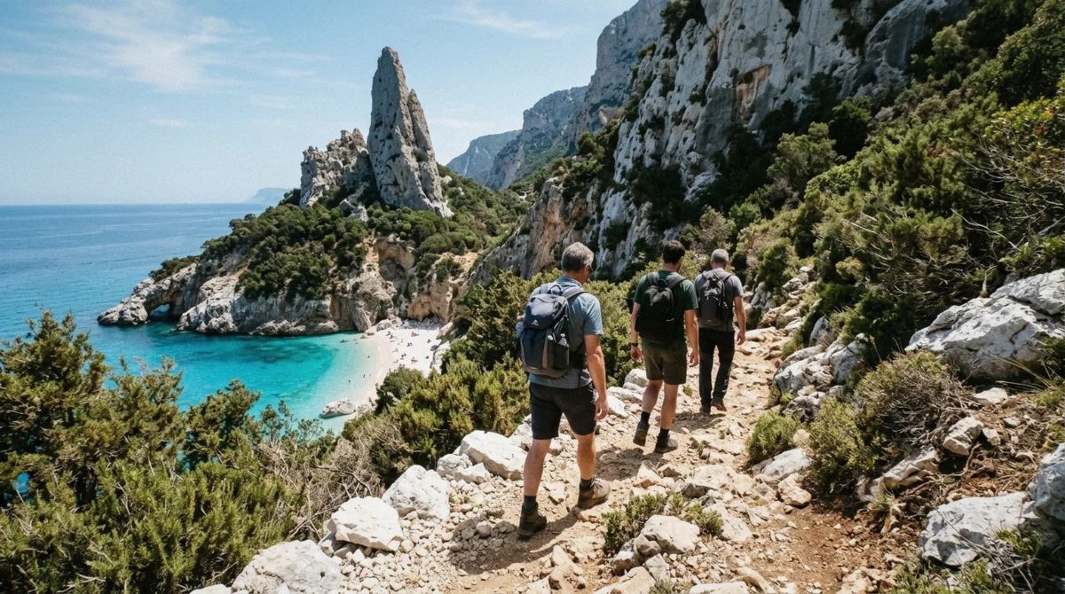 The turquoise water and limestone cliffs of a Gulf of Orosei cove, reached on foot on a guided Sardinia hiking tour