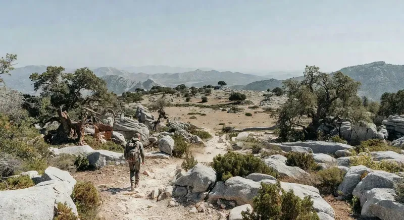 Solo hiker on a limestone ridge in the Supramonte, one of the best hiking trails in Sardinia