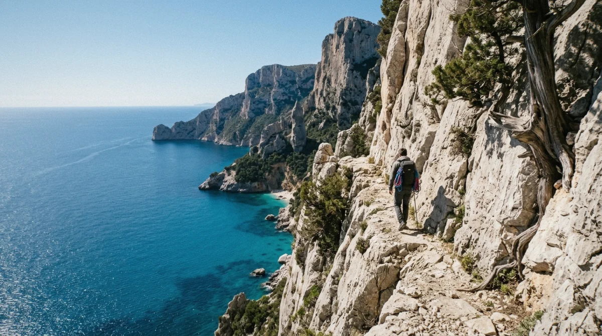 An exposed coastal ledge along the Selvaggio Blu trek above the Gulf of Orosei, Sardinia's most demanding hiking route